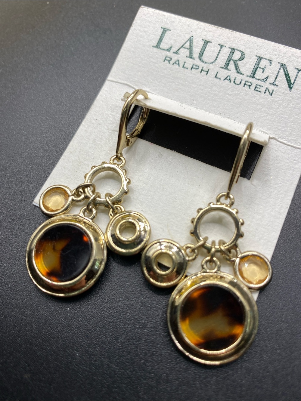 LAUREN Ralph Lauren Tortoise Shell Gold Tone Lever Back Pierced Earrings NWT - Picture 4 of 5